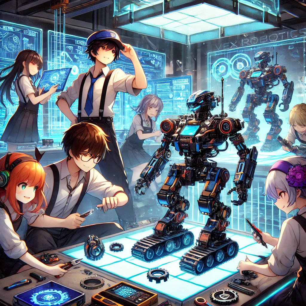 DALL·E-2025-01-18-16.04.00-An-anime-themed-illustration-of-a-team-of-young-enthusiastic-anime-style-characters-building-a-VEX-Robotics-robot-in-a-futuristic-workshop.-The-scene Robotik Eğitiminin Yeni Adımı