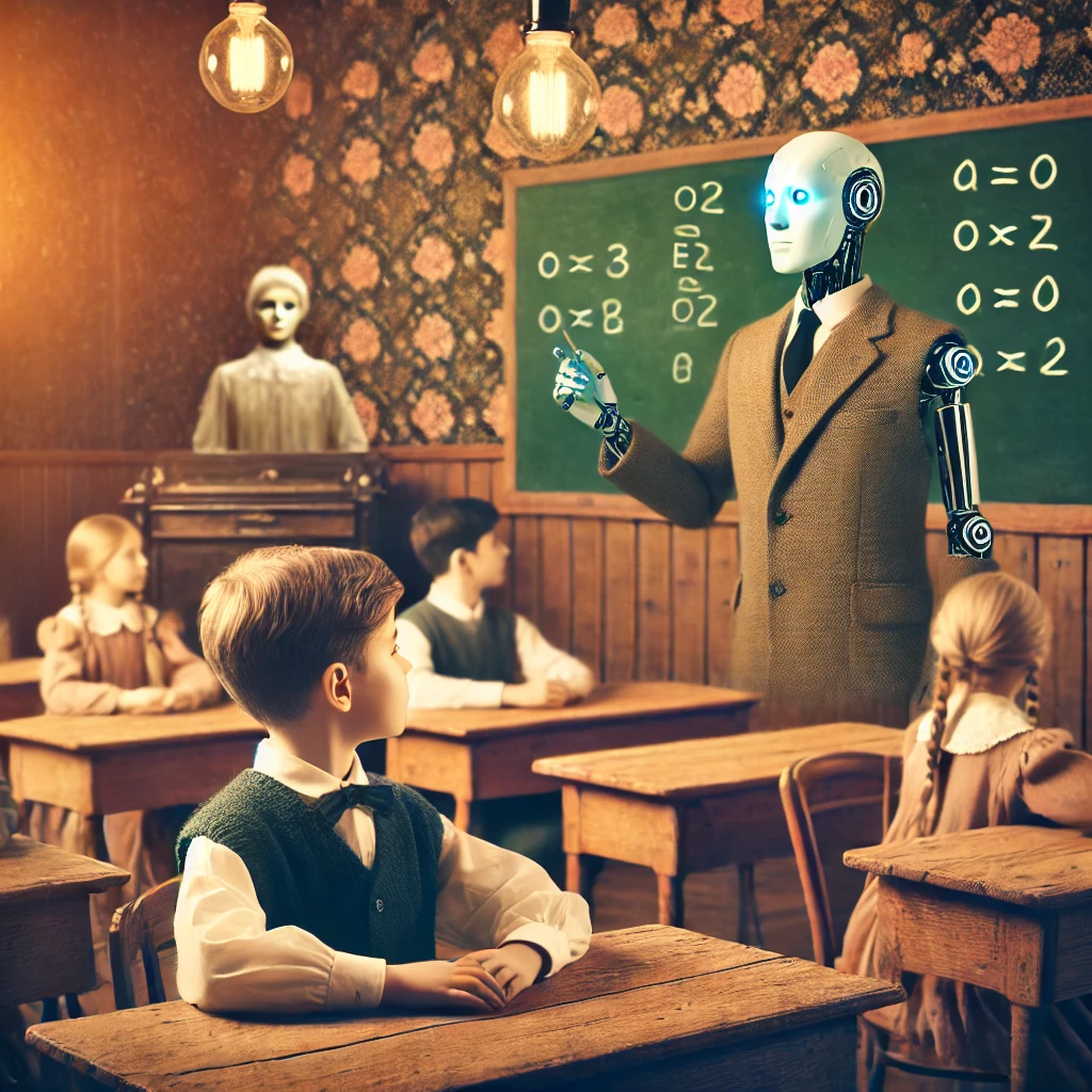 DALL·E-2025-02-02-14.33.46-A-nostalgic-classroom-scene-with-wooden-desks-an-old-fashioned-blackboard-and-students-in-vintage-school-uniforms.-However-the-teacher-is-a-cyborg 21. Yüzyıl İçin 21 Ders, düşünce ufkunu açan bir başyapıt!